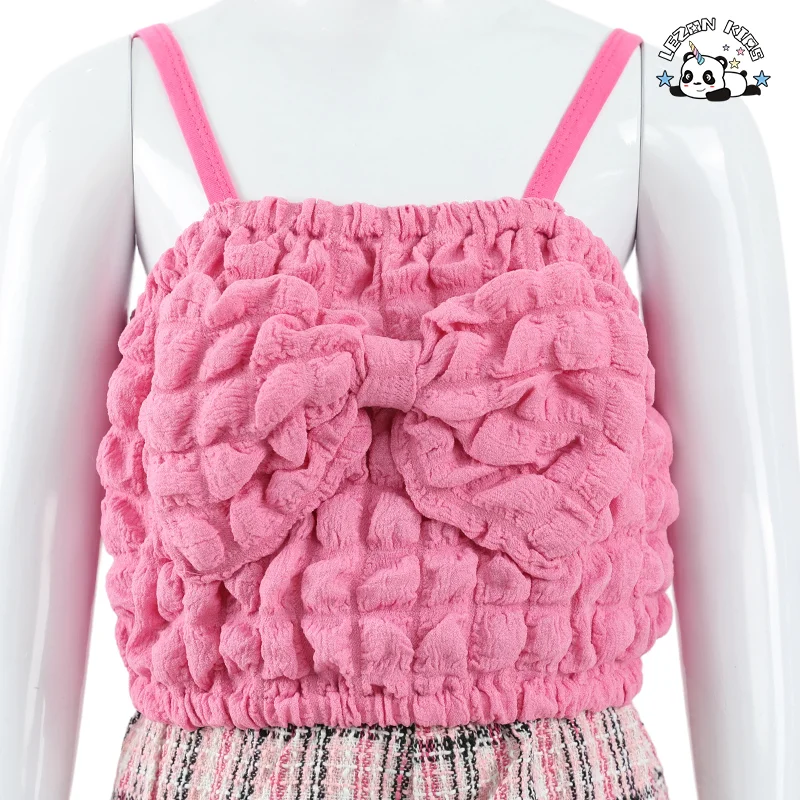 LEZONKIDS - Conjunto de Roupas Femininas Casuais Rosa com Alça de Espaguete e Shorts com Laço, Conjunto de 2 Peças